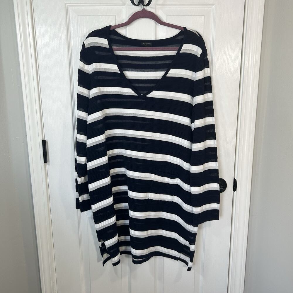 Talbots Women's XL V-Neck Striped Tunic Sweater Navy White Preppy Coastal Beach